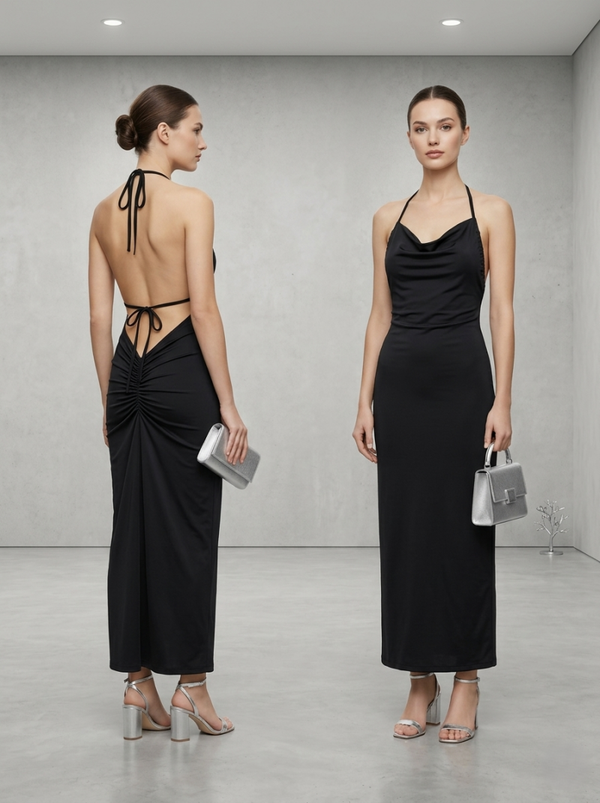 Women's Cowl-Neck Backless Ruched Maxi Dress