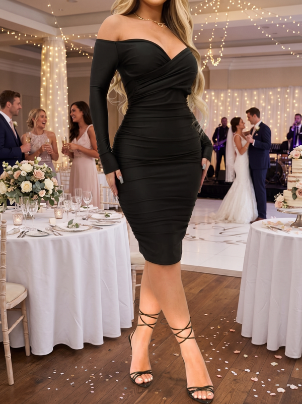 Women’s Ruched Off-The-Shoulder Bodycon Midi Dress