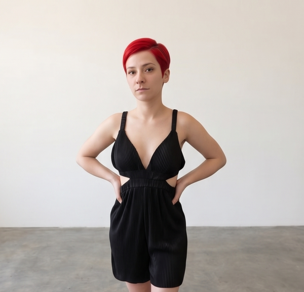 Women's Plunge V-Neck Cut-Out Pleated Romper