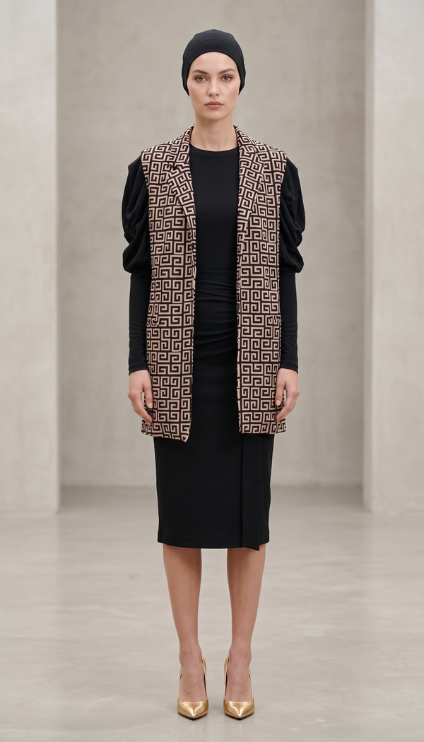 Women's Plus Open-Front Geometric Pattern Long Vest