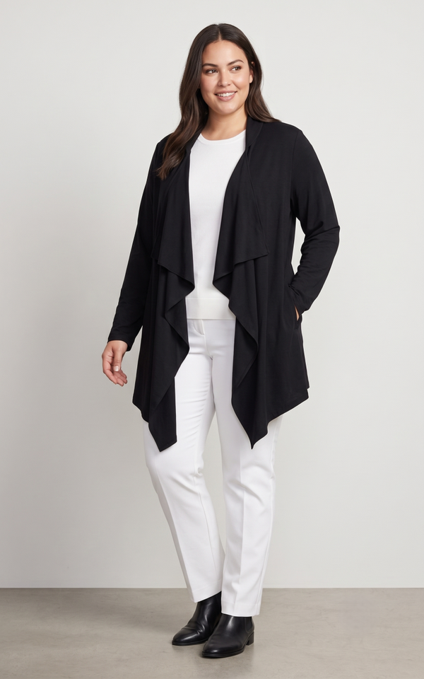 Women's Plus Open-Front Drape Ruffle Cardigan