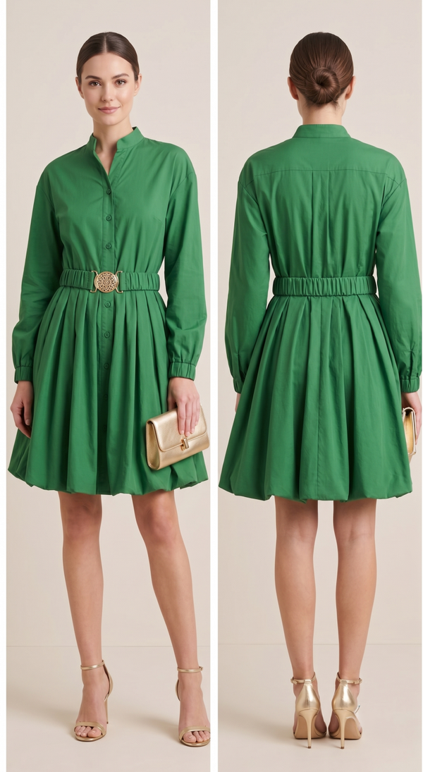 Women's Emerald Green Balloon-Sleeve Mini Dress