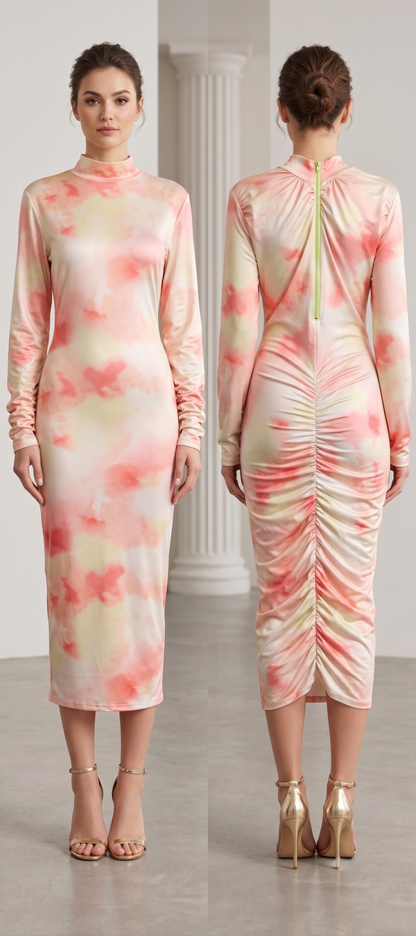 Women's Mock-Neck Ruched Tie-Dye Midi Dress