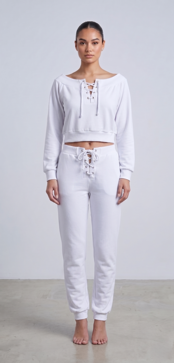 Women's Lace-Up Crop Hoodie and Sweatpants Set