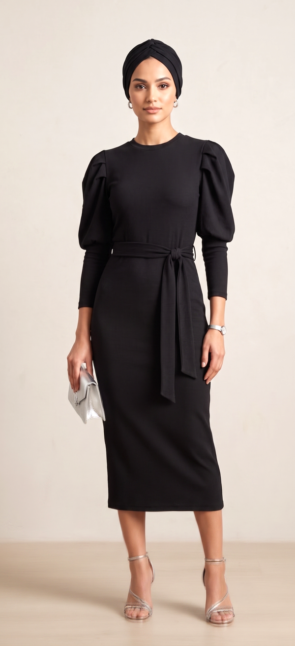 Women's Crew-Neck Belted Ribbed Midi Dress