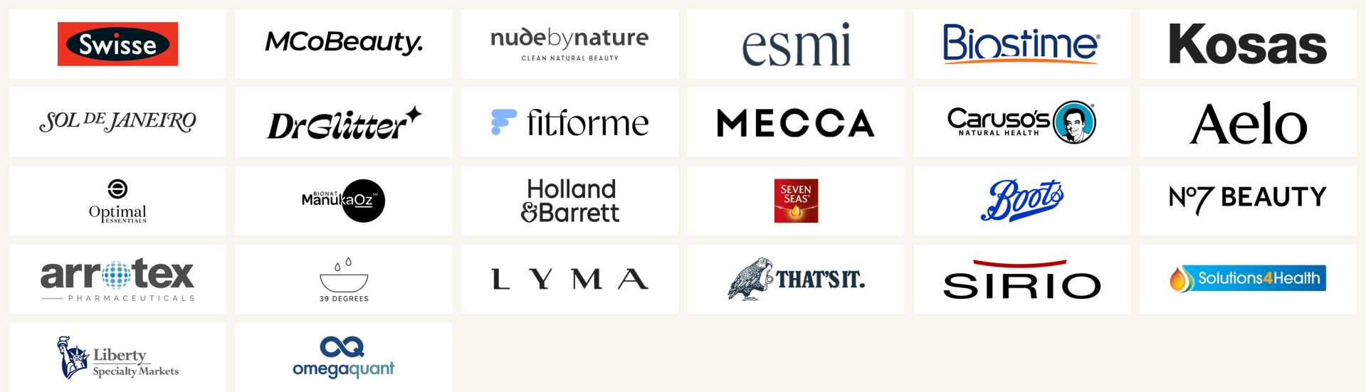 Logos of 25 brands and portfolios Rachel has worked with, including Optimal Essentials, Arrotex, Seven Seas, LYMA, That’s It., Sirio, Solutions4Health and Liberty Specialty Markets.
