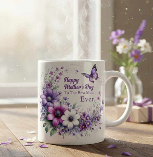 Purple Floral Butterfly "Best Mum Ever" Mug – 11oz Ceramic Mother's Day Coffee Cup