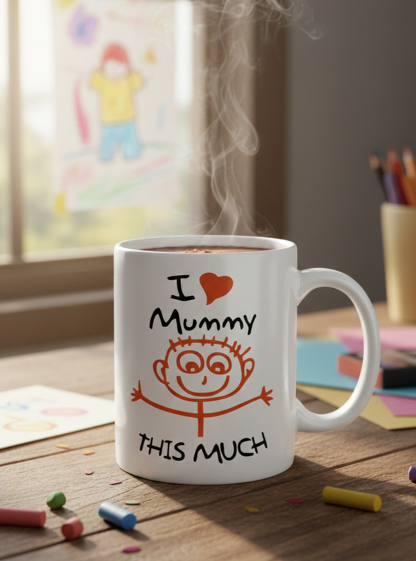 I Love Mummy This Much" Hand-Drawn Style Mother's Day Mug – 11oz Ceramic Coffee Cup