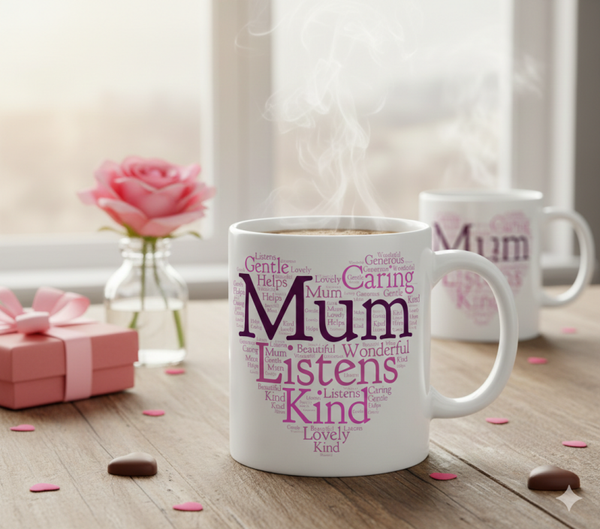 Heart of Mum" Word Cloud Ceramic Mug – 11oz Sentimental Mother’s Day & Birthday Gift