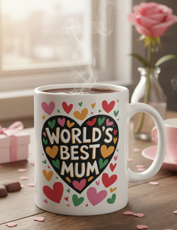 World's Best Mum" Colorful Hearts Mug – 11oz Ceramic Mother's Day & Birthday Coffee Cup