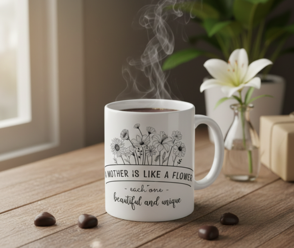 A Mother Is Like A Flower" 11oz Ceramic Mug – Elegant Floral Mother’s Day Gift Cup