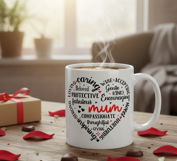 Everything a Mum Is" 11oz Ceramic Mug – Heart-Shaped Typography Mother’s Day Gift Cup