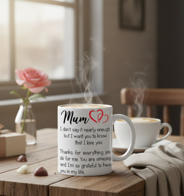 I Love You Mum" 11oz Ceramic Mug – Heartfelt Message & Double Heart Gift for Mothers