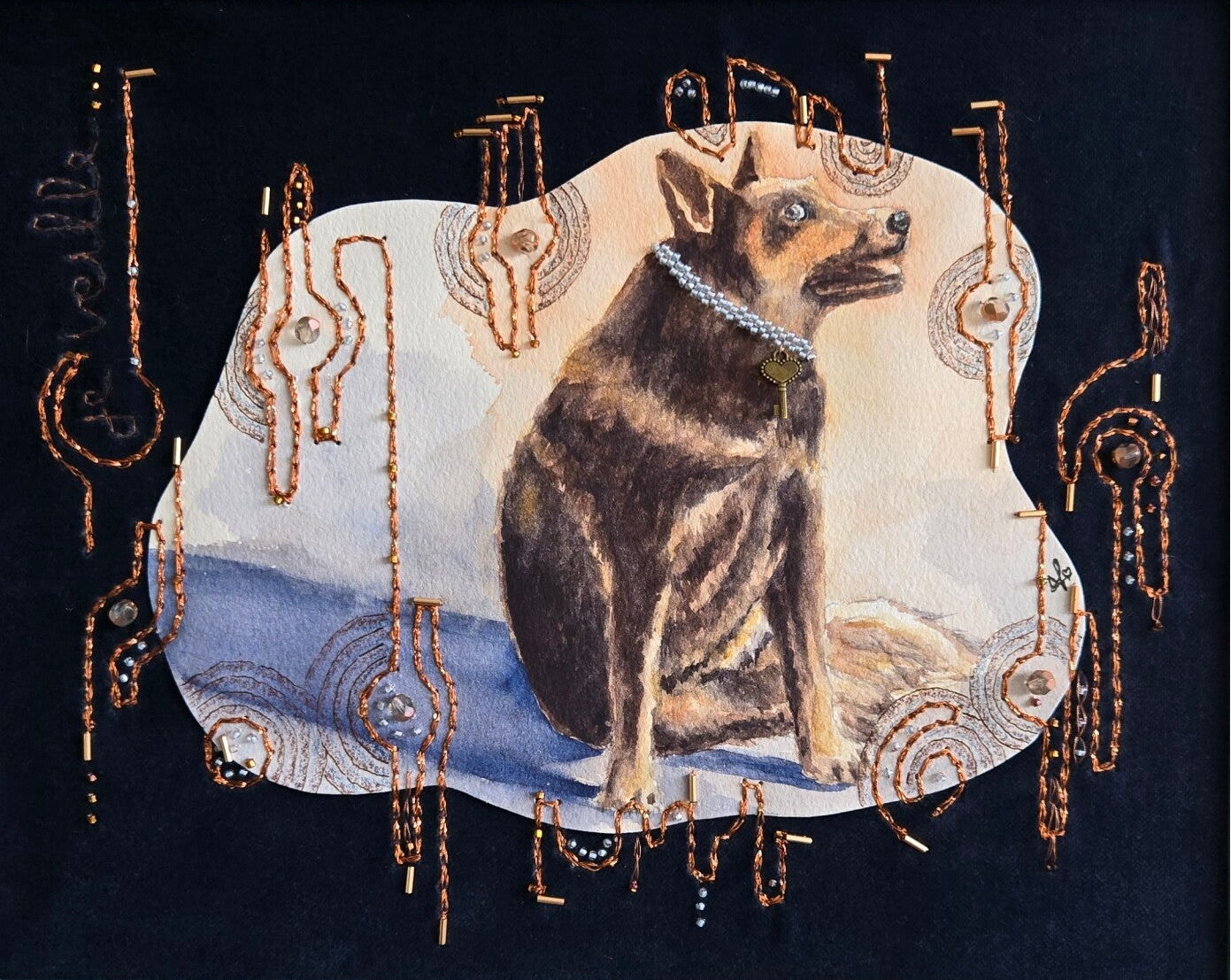 aquarelle de chien brodée