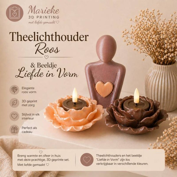 Decoratie set | Theelichthouder roos | Beeldje liefde in vorm