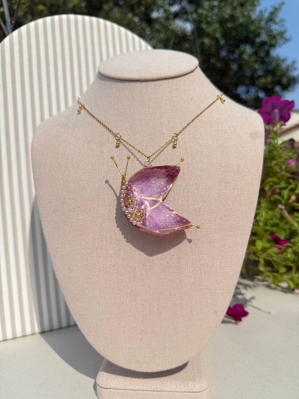 Butterfly Pendant made with real petals (orchid) purple