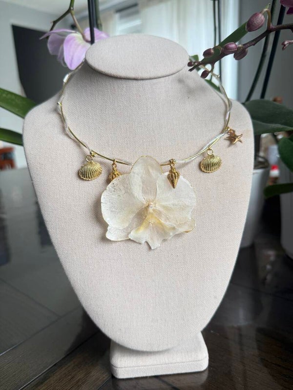 Gold Necklace with White Orchid
