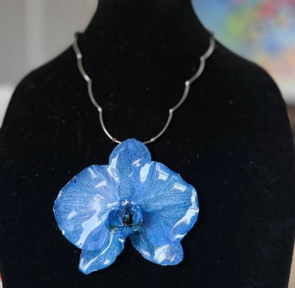 Blue Orchid Necklace with Silver Chain