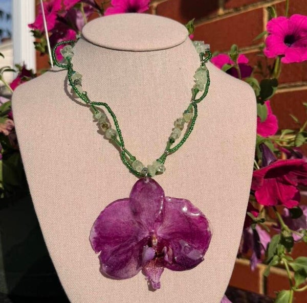 Purple Orchid Necklace with green Beads