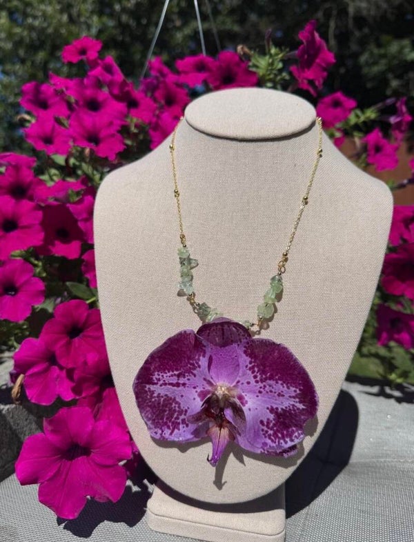 Purple Orchid with green Beads and Gold Necklace