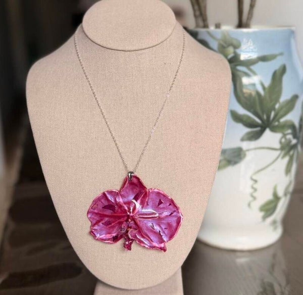 Purple Orchid Necklace With Silver Chain