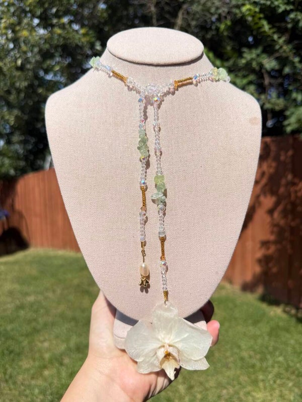 Clear Green Necklace with a beautiful orchid