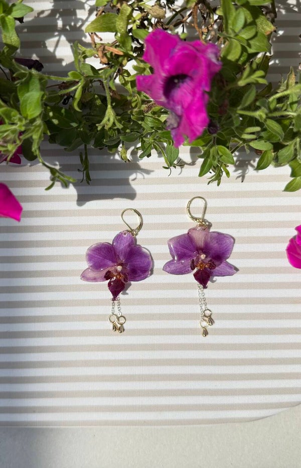 Purple Small Earrings with silver chain and gold accents