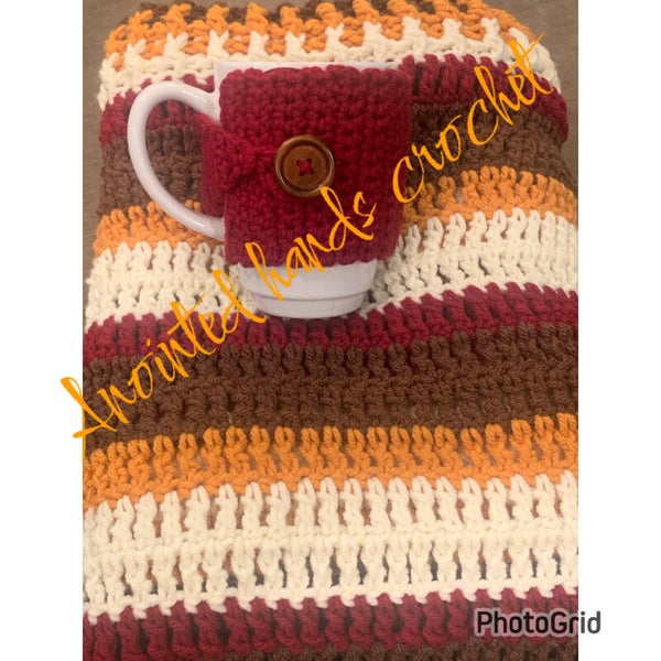 60x35 Crochet blanket with matching cozy cup cover