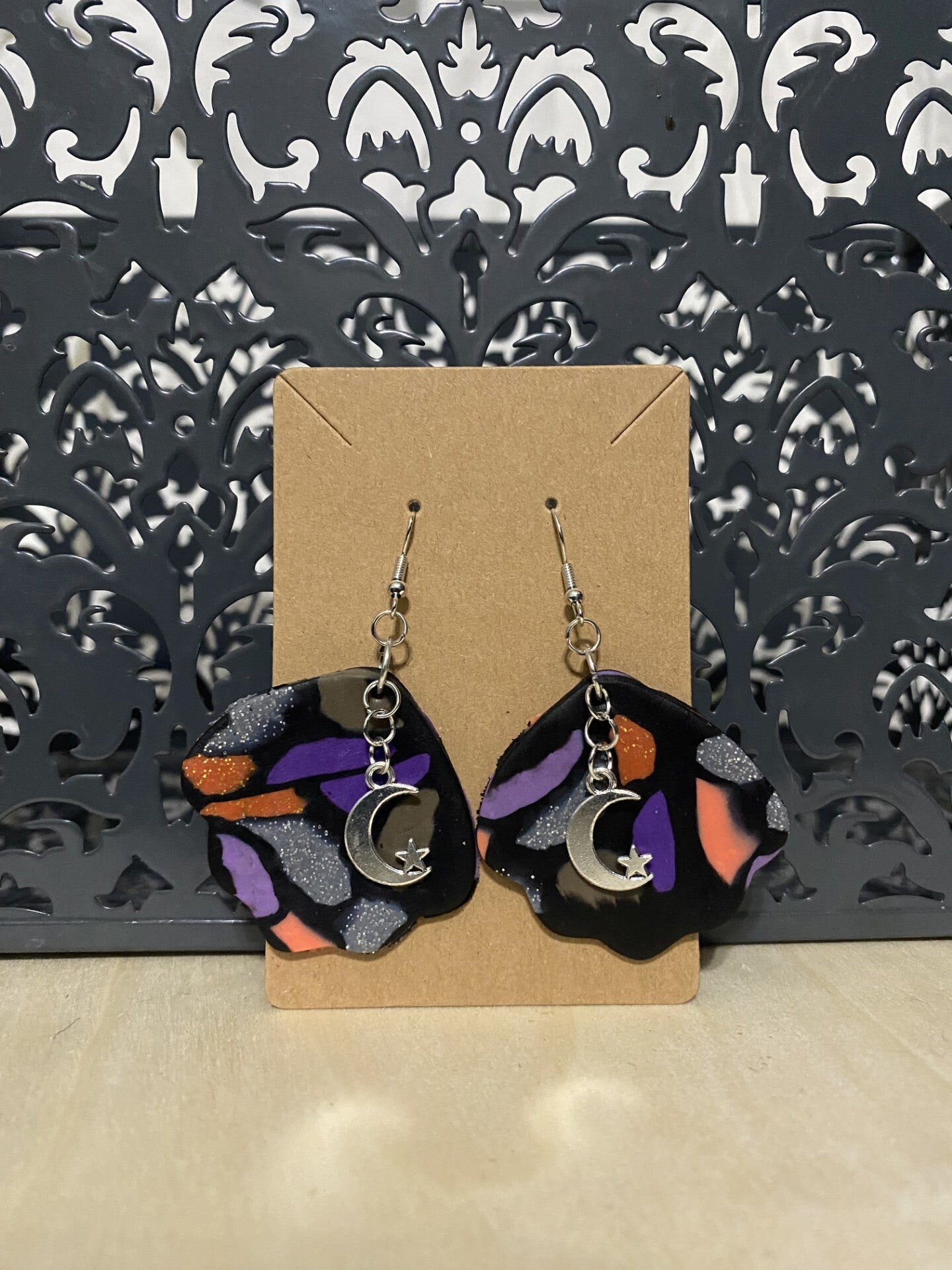 Spooky Vibes Orange and Silver Glitter Moons