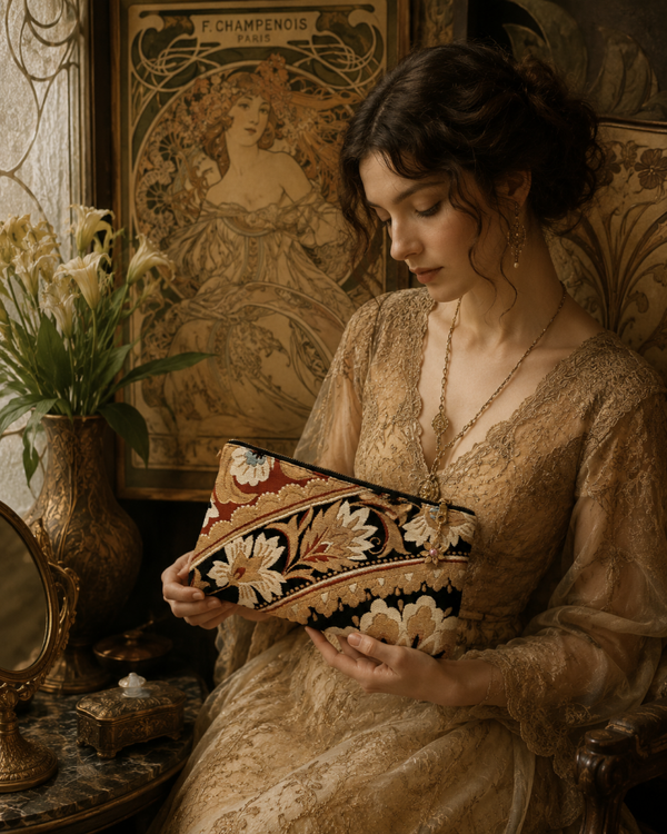 Art Nouveau Silk Clutch Purse | Vintage Floral Evening Bag in Warm Brick Tones