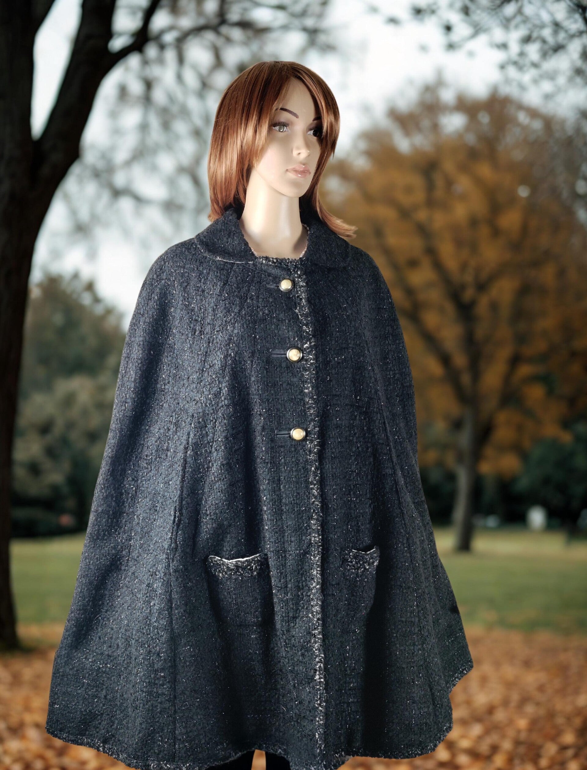 Black Bouclé Cape with Silk Lining Quilted
