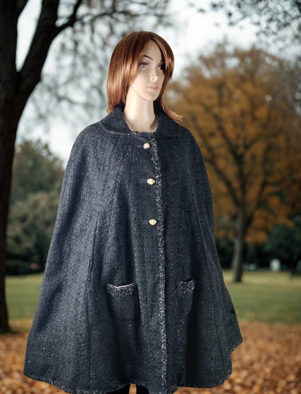 Black Bouclé Cape with Silk Lining Quilted