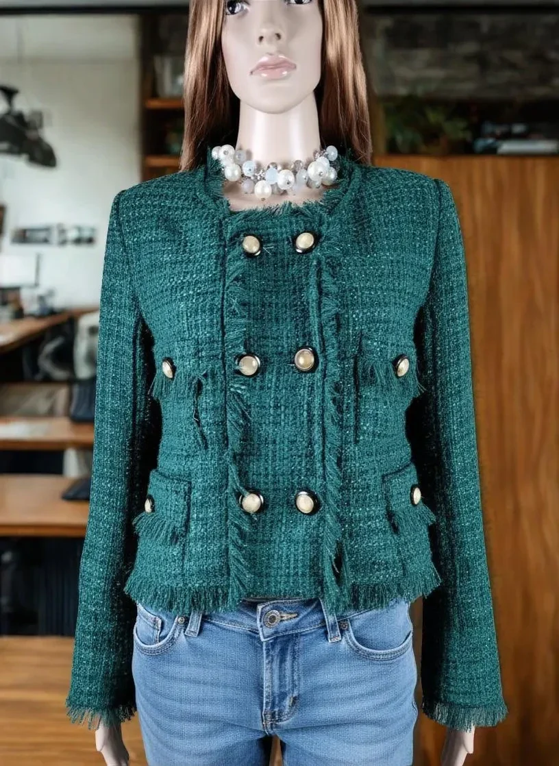 Green Bouclé Couture Jacket Parisian Style