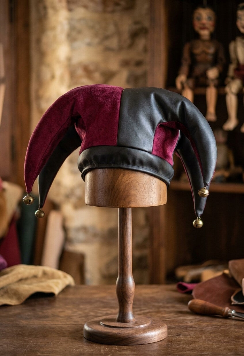 Black Leather and Wine Red Suede Jester Hat