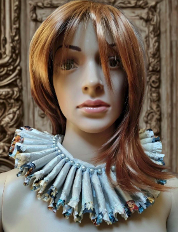 Luxury Silk Victorian Ruff Collar Blue pearls