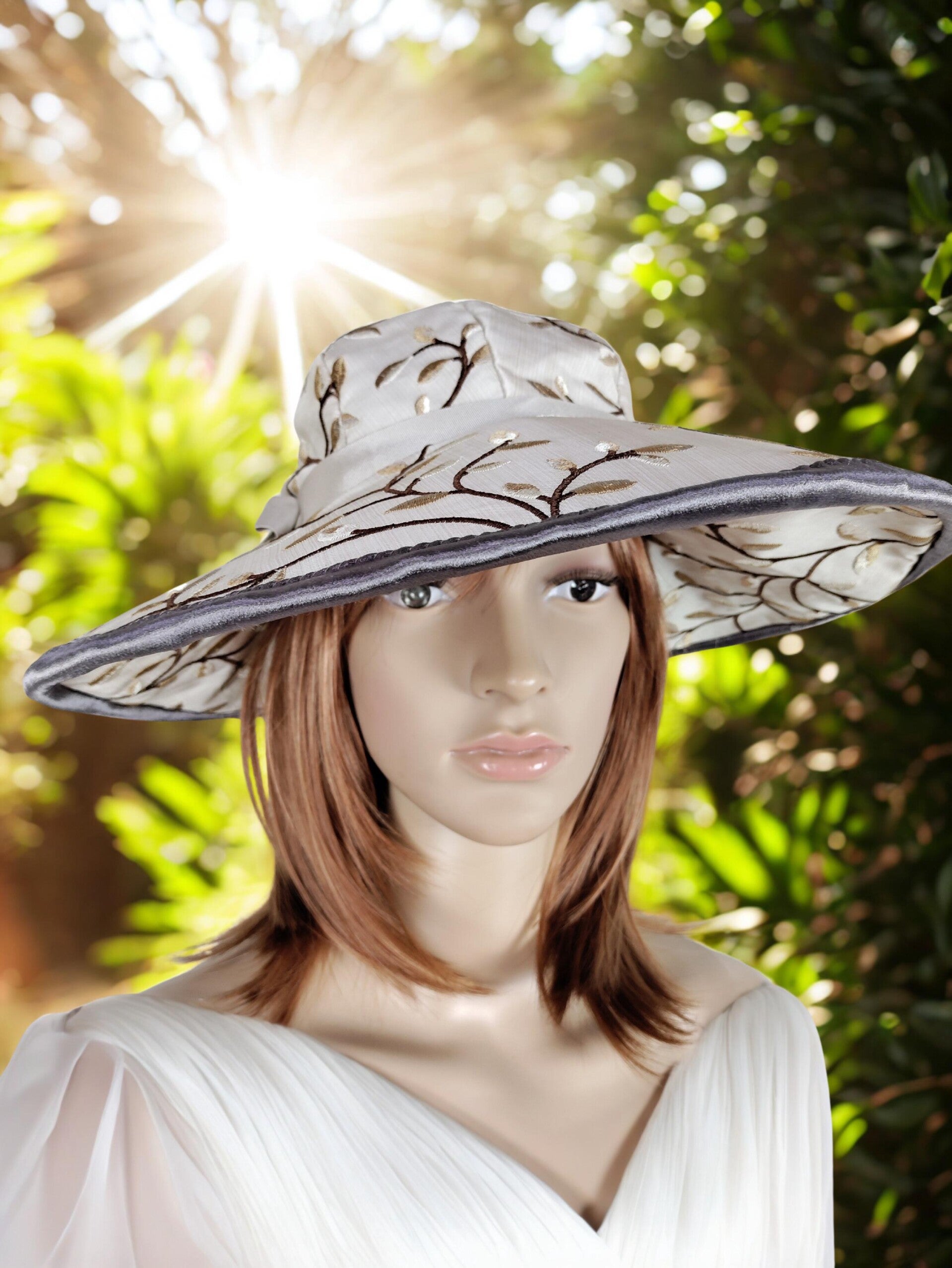 Silk Summer Embroidered Luxury Hat in Neutral Tones
