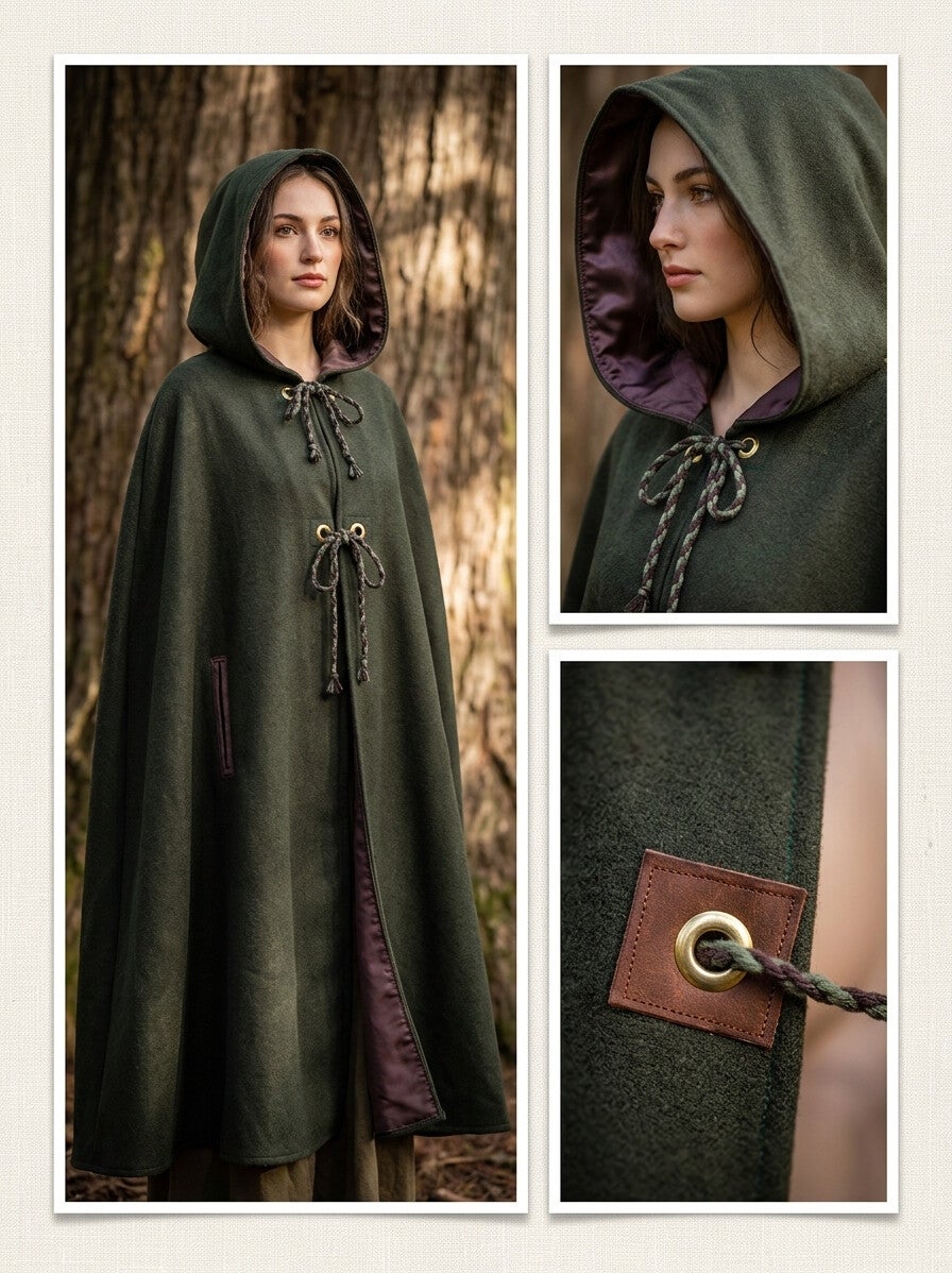 Wool Medieval Cloak – Forest Green with Silk Lining
