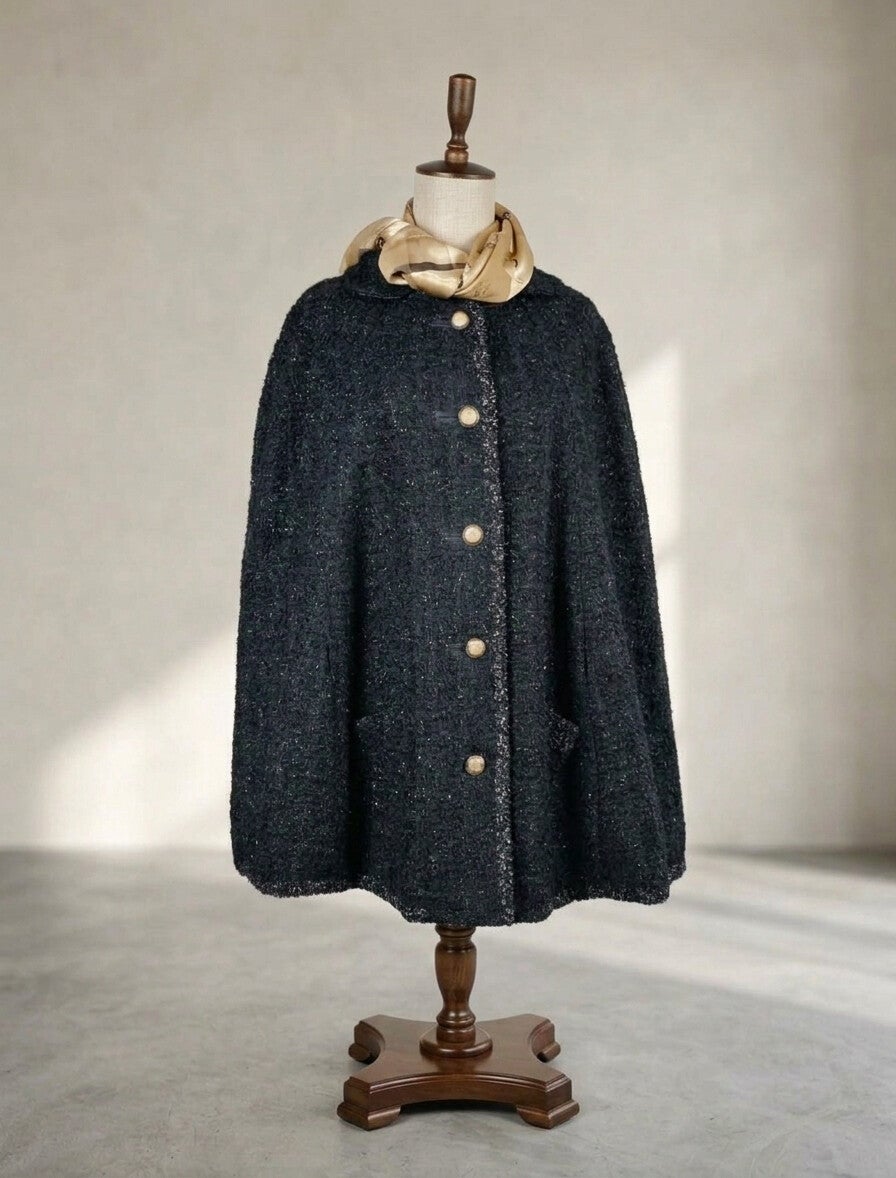 Black Bouclé Cape with Silk Lining Quilted