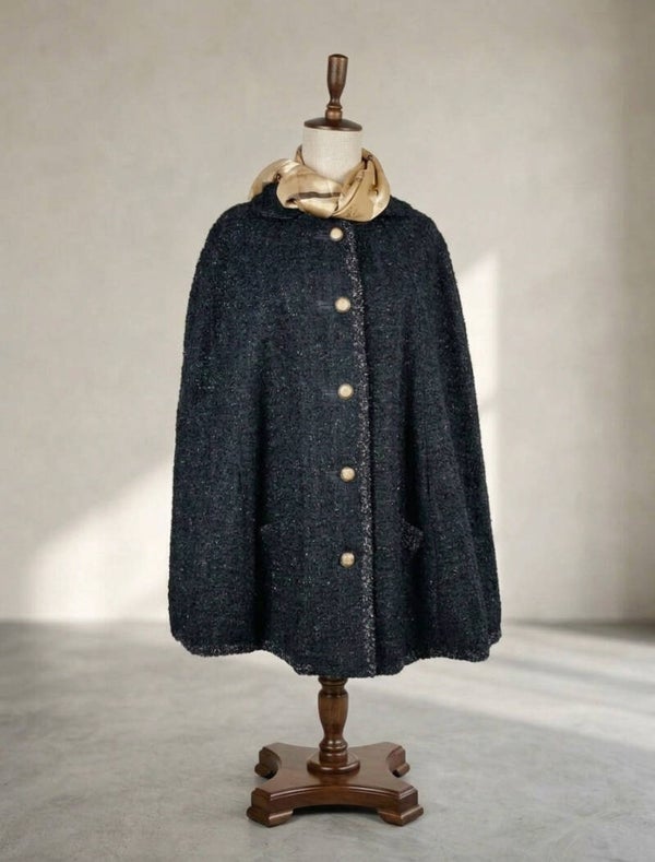 Black Bouclé Cape with Silk Lining Quilted