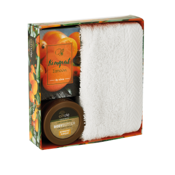 BEAUTY SET - Body boter Kumquat, Olijf zeep Kumquat, handdoek