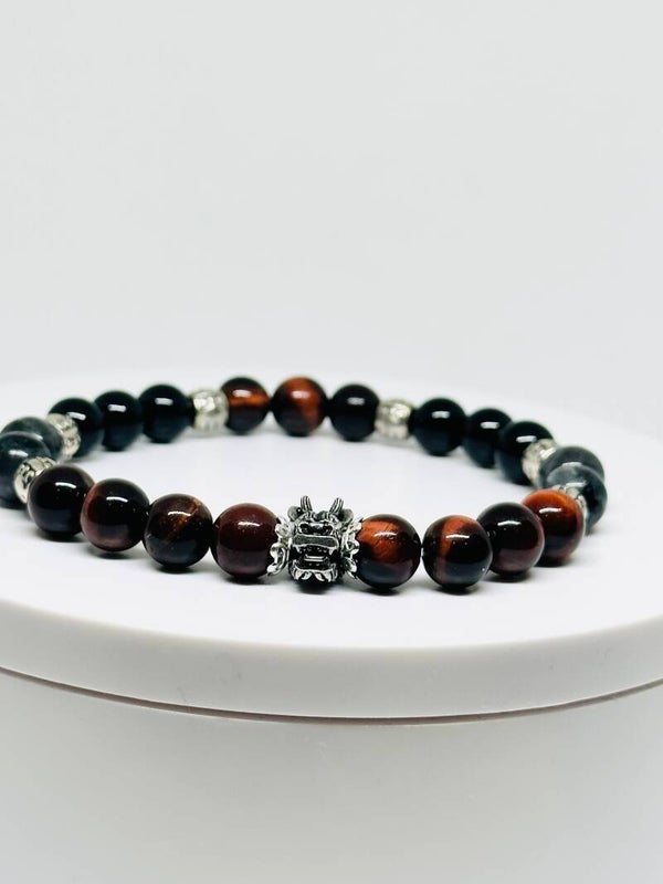 Men’s Red Tigers Eye, Lavakite & Onyx Bracelet