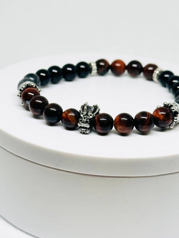 Men’s Red Tigers Eye, Lavakite & Onyx Bracelet