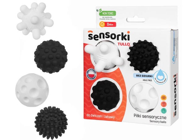 TULLO Piłki Sensoryczne SENSORKI 4 szt CZARNO-BIAŁE MIĘKKIE JEŻYKI DO MASAŻU