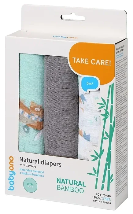 BABYONO Natural Bamboo - pieluszki bambusowe 70x70 cm, zestaw 3 szt. | Grafitowe