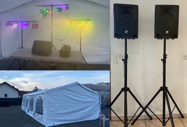 Tonnelle + lumières XL + machine à fumée + sono + livraison, montage, démontage