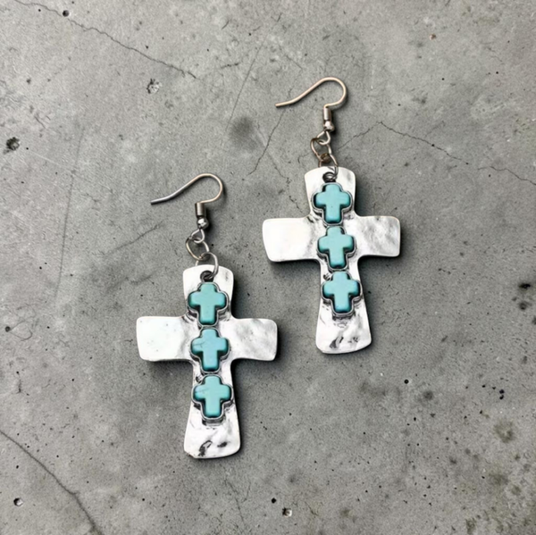 Silver and Turquoise Cross Earrings