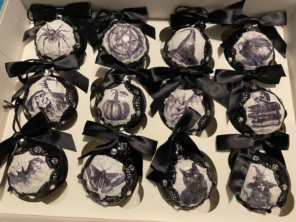 Gothic All Hallows 6cm Baubles pack of 12 (Made to Order) Black and White