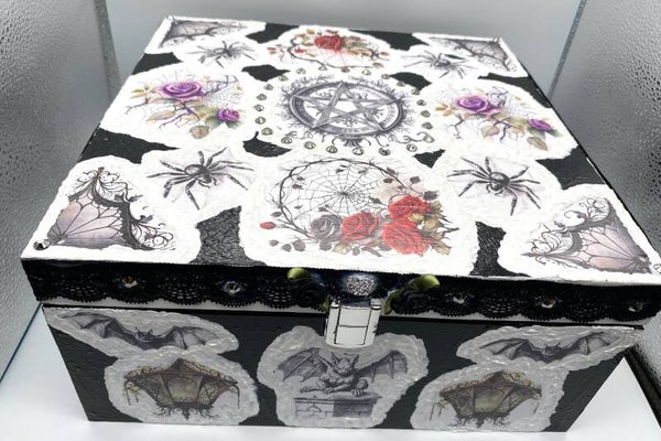 Made to Order- Goth Witchy designed XL wooden keepsake box version 1. Personalize as you wish.