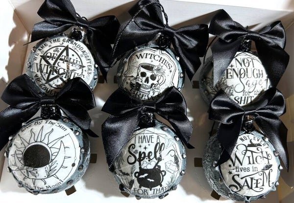 Gothic Baubles - Black, White & Grey Witch Design - Shatterproof Set