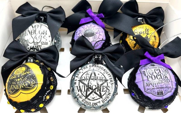 Gothic Witch Baubles - Shatterproof Halloween/Gothmas Tree Ornaments (Set of 6